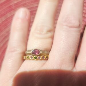 EUC Retired Sundance Gold Plated Pink Tourmaline Ring Stacking Set Size 7